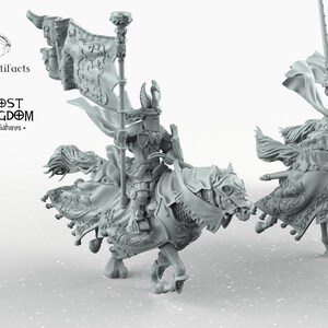May include: A miniature figurine of a knight riding a horse, holding a banner with a crest. The knight is wearing armor and a helmet with horns. The horse is wearing armor and has a skull-like head. The miniature is painted in a gray color.