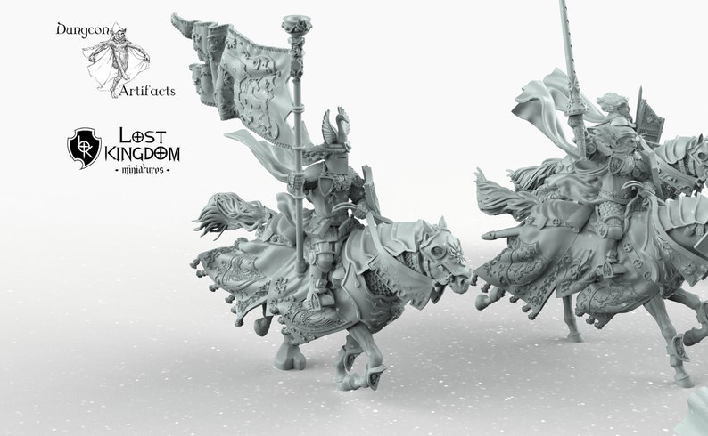 May include: A miniature figurine of a knight riding a horse, holding a banner with a crest. The knight is wearing armor and a helmet with horns. The horse is wearing armor and has a skull-like head. The miniature is painted in a gray color.