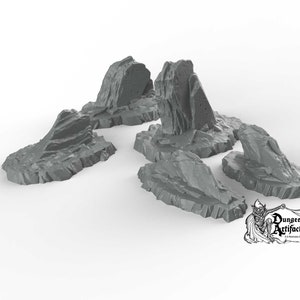 May include: A set of four grey, 3D printed rock formations. The rocks are designed to be used as terrain pieces for tabletop games such as Dungeons and Dragons.