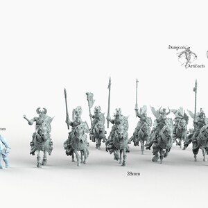 May include: A set of 28mm scale miniature figures of knights on horseback. The figures are made of grey plastic and are posed in a variety of dynamic stances. The knights are wearing armor and carrying swords and shields. The horses are also detailed and have saddles and bridles. The figures are from the Lost Kingdom miniatures line.