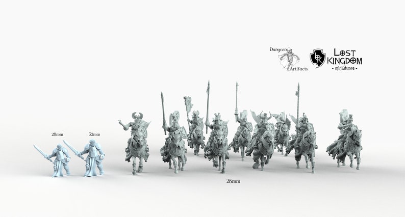 May include: A set of 28mm scale miniature figures of knights on horseback. The figures are made of grey plastic and are posed in a variety of dynamic stances. The knights are wearing armor and carrying swords and shields. The horses are also detailed and have saddles and bridles. The figures are from the Lost Kingdom miniatures line.
