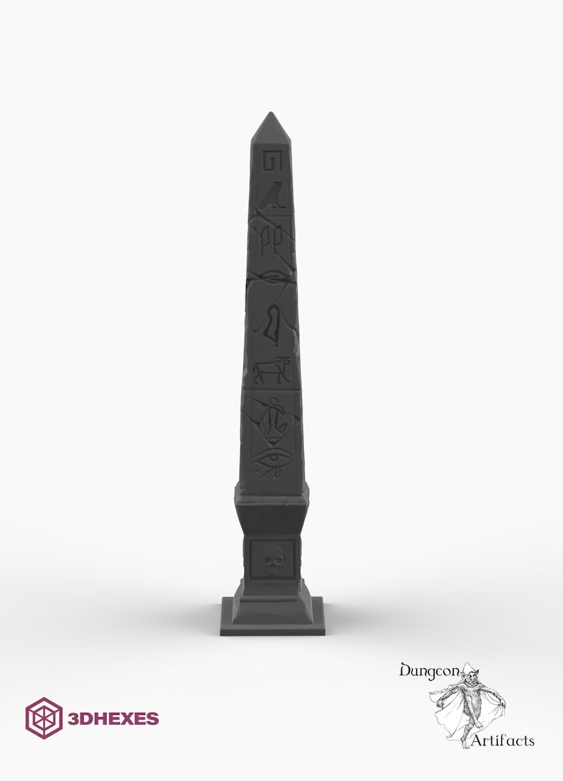 May include: A gray stone obelisk with hieroglyphics carved into the surface. The obelisk is on a square base and has a pointed top.