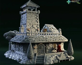 Könnte beinhalten: Ein 3D-gedrucktes Modell eines Steinturms mit einem kleinen angebauten Gebäude. Der Turm hat ein spitz zulaufendes Dach und ein kleines Fenster. Das Gebäude hat ein flaches Dach und eine Tür. Das Modell ist in Grau lackiert.