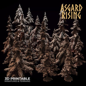 May include: A 3D printable model of a snowy forest with the text "Asgard Rising" in gold lettering. The text "3D Printable Miniatures & Terrains" is at the bottom of the image.