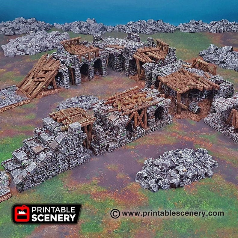 May include: A detailed model of a ruined stone building with wooden beams and supports. The model is painted in shades of gray, brown, and green, and features a variety of textures. The model is suitable for use in tabletop games or as a decorative piece.