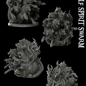 May include: A 3D printed miniature of a wolf spirit swarm, a group of wolves with glowing eyes and sharp teeth, in a swirling, ethereal form. The miniature is made of gray plastic and is designed for tabletop gaming.