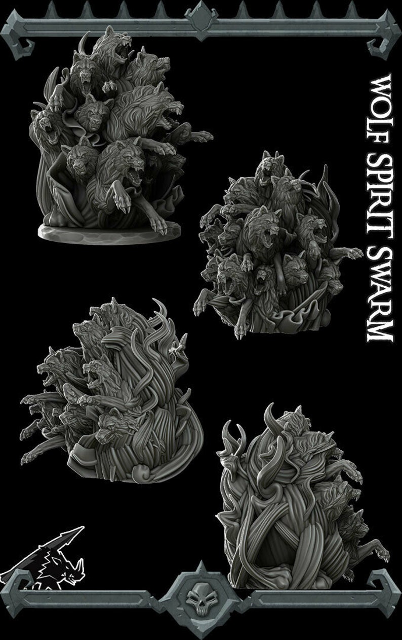 May include: A 3D printed miniature of a wolf spirit swarm, a group of wolves with glowing eyes and sharp teeth, in a swirling, ethereal form. The miniature is made of gray plastic and is designed for tabletop gaming.