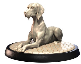 May include: A light gray sculpture of a dog in a seated position, resting on a round base with a textured pattern. The base has a black border. The dog sculpture is detailed with visible muscles and a focused expression.