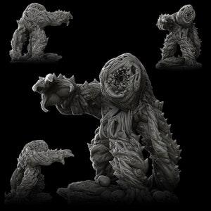 May include: A gray, detailed, 3D printed miniature of a monstrous creature with a gaping maw, multiple eyes, and spiky appendages. The creature is standing on a rocky base.