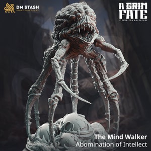 May include: A grey, detailed miniature of a monstrous creature with a brain-like head and multiple spindly legs. The creature is standing on a base of skulls. The text "The Mind Walker Abomination of Intellect" is printed below the creature.