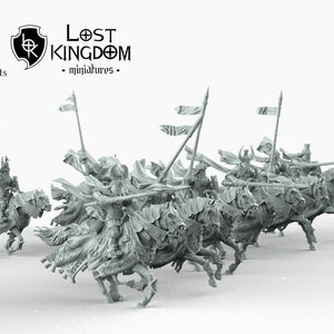 May include: A set of six grey plastic miniature figures of knights on horseback, each holding a spear and a banner. The knights are wearing armor and helmets, and the horses are detailed with saddles and bridles. The figures are part of a set called "Lost Kingdom" miniatures.