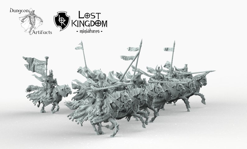 May include: A set of six grey plastic miniature figures of knights on horseback, each holding a spear and a banner. The knights are wearing armor and helmets, and the horses are detailed with saddles and bridles. The figures are part of a set called "Lost Kingdom" miniatures.