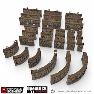 Può includere: Una collezione di elementi modulari per muri con texture in pietra per giochi da tavolo. I pezzi includono muri diritti, curvi e angolari, tutti con un aspetto dettagliato e realistico. I muri hanno una parte superiore in legno e dettagli metallici e sono compatibili con OpenLOCK.