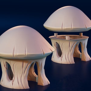 May include: Two mushroom-shaped structures with a light beige color. One is assembled, and the other is disassembled, showing the separate top and base. The base has a textured, tree-like appearance with arched openings. The top is a smooth, rounded cap.