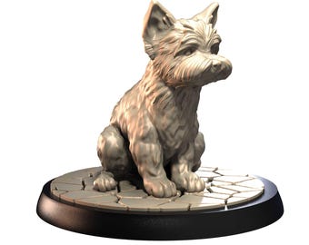 May include: A light beige sculpture of a terrier dog sitting upright. The dog has detailed fur and is positioned on a circular base with a cracked stone pattern. The base is set on a black, rounded platform.