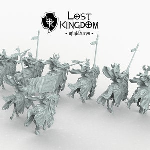 May include: A set of ten unpainted miniature figures of knights on horseback, each holding a spear and a banner. The figures are made of a gray plastic material and are ready to be painted.