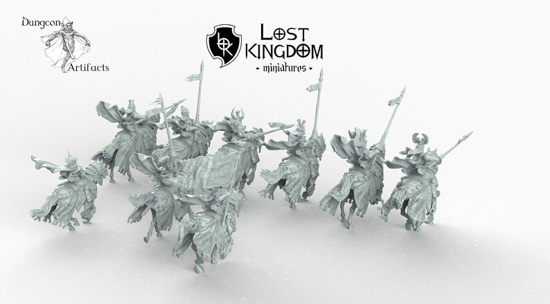 May include: A set of ten unpainted miniature figures of knights on horseback, each holding a spear and a banner. The figures are made of a gray plastic material and are ready to be painted.