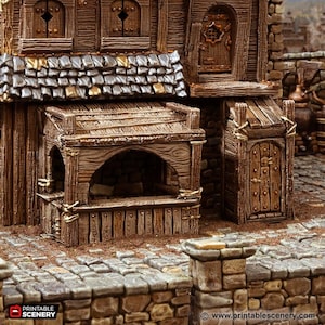 May include: A detailed model of a wooden building with a stone foundation. The building has a thatched roof and a small, arched doorway. The model is painted in shades of brown and grey.