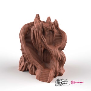 May include: A 3D printed miniature of a treehouse with a spiral staircase leading to a door with a tree design. The treehouse is made of a brown, textured material.