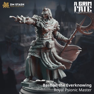May include: A grey plastic miniature figurine of a wizard wearing a crown, a hooded robe, and chainmail armour. The wizard is holding a staff with a crescent moon blade. The figurine is standing on a base with a book and a scroll. The text "Bastian the Everknowing Royal Psionic Master" is printed below the figurine.