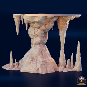 May include: A 3D printed, light brown, rock formation with a flat top and several stalactites hanging down. The rock formation is shaped like a large, upside-down mushroom.