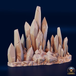 May include: A cluster of tall, light brown crystal formations, resembling a rocky mountain range, with a rough, textured surface. The crystals are arranged in a natural, organic pattern, creating a visually interesting and unique piece.