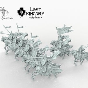 May include: A set of seven grey plastic miniature figures of knights on horseback, each holding a lance and shield. The knights are wearing armor and cloaks, and their horses are adorned with decorative details. The figures are arranged in a line, with the knights facing forward. The figures are part of a set of miniatures for a tabletop game.