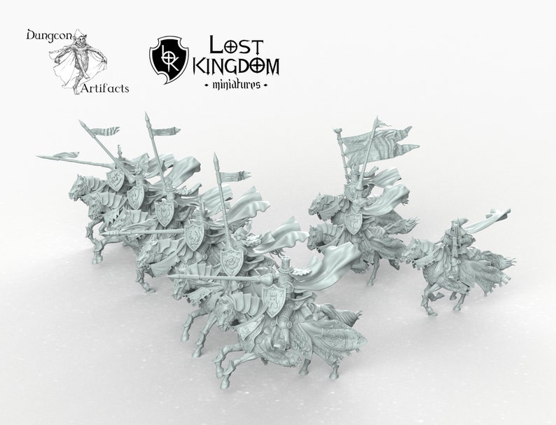 May include: A set of seven grey plastic miniature figures of knights on horseback, each holding a lance and shield. The knights are wearing armor and cloaks, and their horses are adorned with decorative details. The figures are arranged in a line, with the knights facing forward. The figures are part of a set of miniatures for a tabletop game.