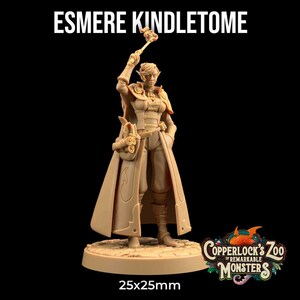May include: A painted miniature figurine of a female elf wizard holding a staff. She is wearing a long brown robe with a belt and a pouch. The miniature is standing on a round base with the text "Copperlock's Zoo of Remarkable Monsters" printed on it. The base is 25mm in diameter.