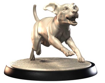 May include: A light-colored dog sculpture in mid-run, with its mouth open and ears perked. The dog is on a textured, circular base with a black rim. The sculpture is detailed, capturing the dog's muscular form.