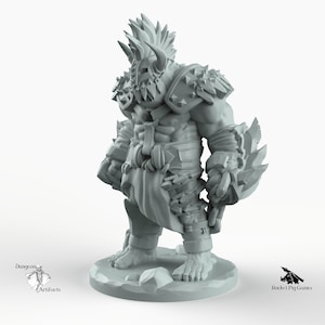 May include: A gray, detailed miniature figurine of a horned, armored, and spiky ogre-like creature. The figure is standing on a rocky base.