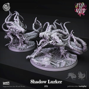May include: A 3D printed miniature of a Shadow Lurker, a creature with a monstrous, tentacled body and a gaping maw. The miniature is painted in a gray color and is posed in a menacing stance. The miniature is part of the "Fear the Void" series and is designed for tabletop gaming.