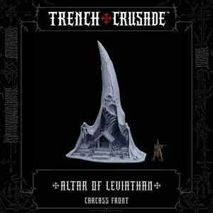 Peut inclure: Une figurine en résine gris clair intitulée Altar of Leviathan Carcass Front de Trench Crusade. La structure présente une haute flèche incurvée en forme de corne au-dessus d'un petit sanctuaire avec des marches, flanqué de deux personnages debout.