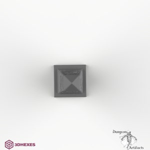 May include: A gray, square, pyramid-shaped tabletop game piece.