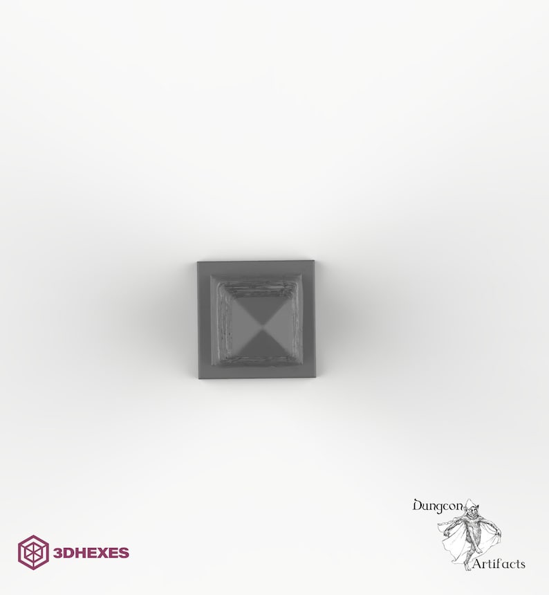 May include: A gray, square, pyramid-shaped tabletop game piece.