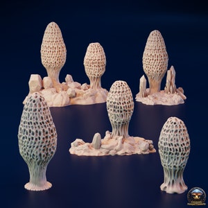 May include: Six beige, textured, mushroom-shaped sculptures with a honeycomb pattern. Each sculpture is on a base of beige, textured rocks. The sculptures are arranged in a semi-circle on a blue background.