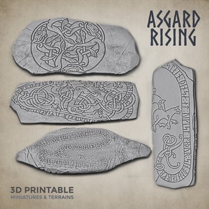 May include: Four 3D printable stone runes with intricate designs, including knotwork and animal figures. The runes are labelled "Asgard Rising" and are part of a 3D printable miniatures and terrains collection.