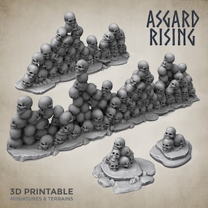 May include: A 3D printed set of skull piles, perfect for tabletop gaming or as a decorative piece. The set includes a variety of sizes and shapes, with some skulls stacked high and others forming a wall. The text "ASSGARD RISING" is visible in the top right corner of the image.