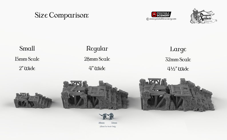 May include: Size comparison of three ruined building models in different scales: small (15mm, 2 inches wide), regular (28mm, 4 inches wide), and large (32mm, 4 1/2 inches wide).