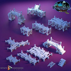 May include: A set of 10 white 3D printed wooden bridge and dock pieces for tabletop gaming. The pieces are made of a smooth, white plastic and feature realistic details, such as planks, beams, and rope.