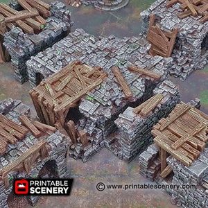 May include: A set of four gray stone ruined building sections with wooden beams and planks. The sections are designed to be used together to create a ruined building for tabletop gaming.