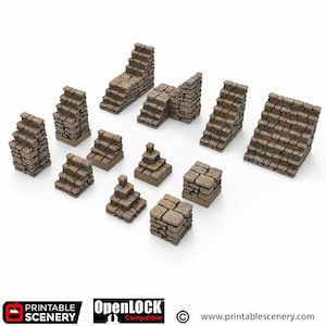 Può includere: Un set di 12 scale e piattaforme in pietra stampabili per giochi da tavolo. I pezzi sono in pietra marrone e grigia e sono progettati per essere compatibili con i sistemi OpenLOCK.