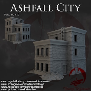 Può includere: Un modello stampato in 3D di un edificio a due piani con una facciata in pietra. L'edificio ha un portone del garage al piano terra e finestre su entrambi i piani. L'edificio è etichettato "Ashfall City Building 4 v2".