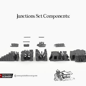 May include: A set of 12 grey 3D printed dungeon ruins components for tabletop gaming. The set includes various shapes and sizes of walls, corners, and arches. The text "Junctions Set Components" is at the top of the image.