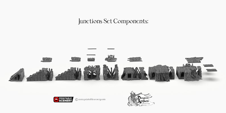 May include: A set of 12 grey 3D printed dungeon ruins components for tabletop gaming. The set includes various shapes and sizes of walls, corners, and arches. The text "Junctions Set Components" is at the top of the image.