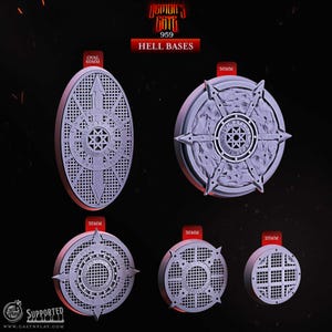 May include: A collection of gray, detailed Hell Bases in various sizes and shapes. The bases include an oval 60mm base, and circular bases of 50mm, 35mm, 30mm, and 25mm. Each base features intricate designs and patterns, with the text "Demon's Gate 959 Hell Bases".