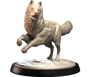 May include: A detailed, light gray wolf figurine with a raised front paw and open mouth, set on a round base. The wolf's fur is textured, and the base has a black border.