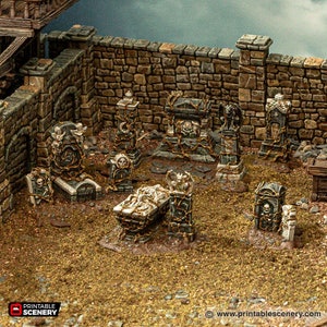 Puede incluir: Una colección de lápidas en miniatura impresas en 3D con detalles intrincados, que incluyen enredaderas, calaveras y otros elementos góticos. Las lápidas están hechas de resina marrón claro y son perfectas para agregar una atmósfera espeluznante a cualquier juego de mesa o escena en miniatura.