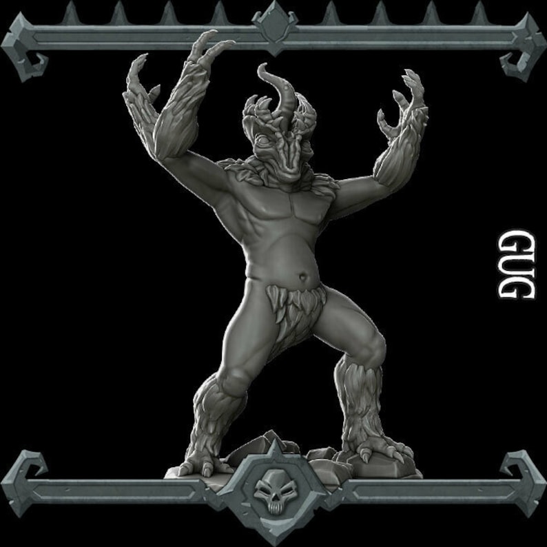 May include: A gray, detailed miniature figurine of a creature with a clawed hand, a pointed head, and a long tail. The creature is standing on a rocky base with a skull symbol.