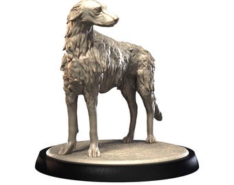 May include: A detailed, light-colored sculpture of a dog, possibly a Borzoi, standing on a round, textured base. The dog has a slender build and long fur. The base is set on a black, circular platform.
